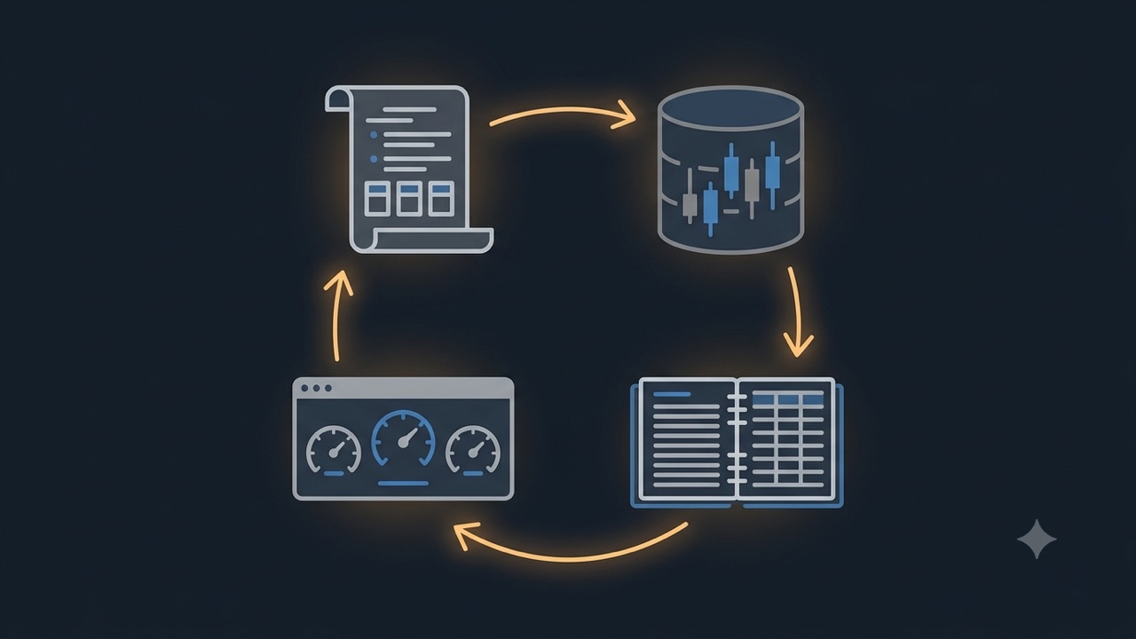 Diagrama del proceso de backtesting: reglas, datos históricos, registro y métricas
