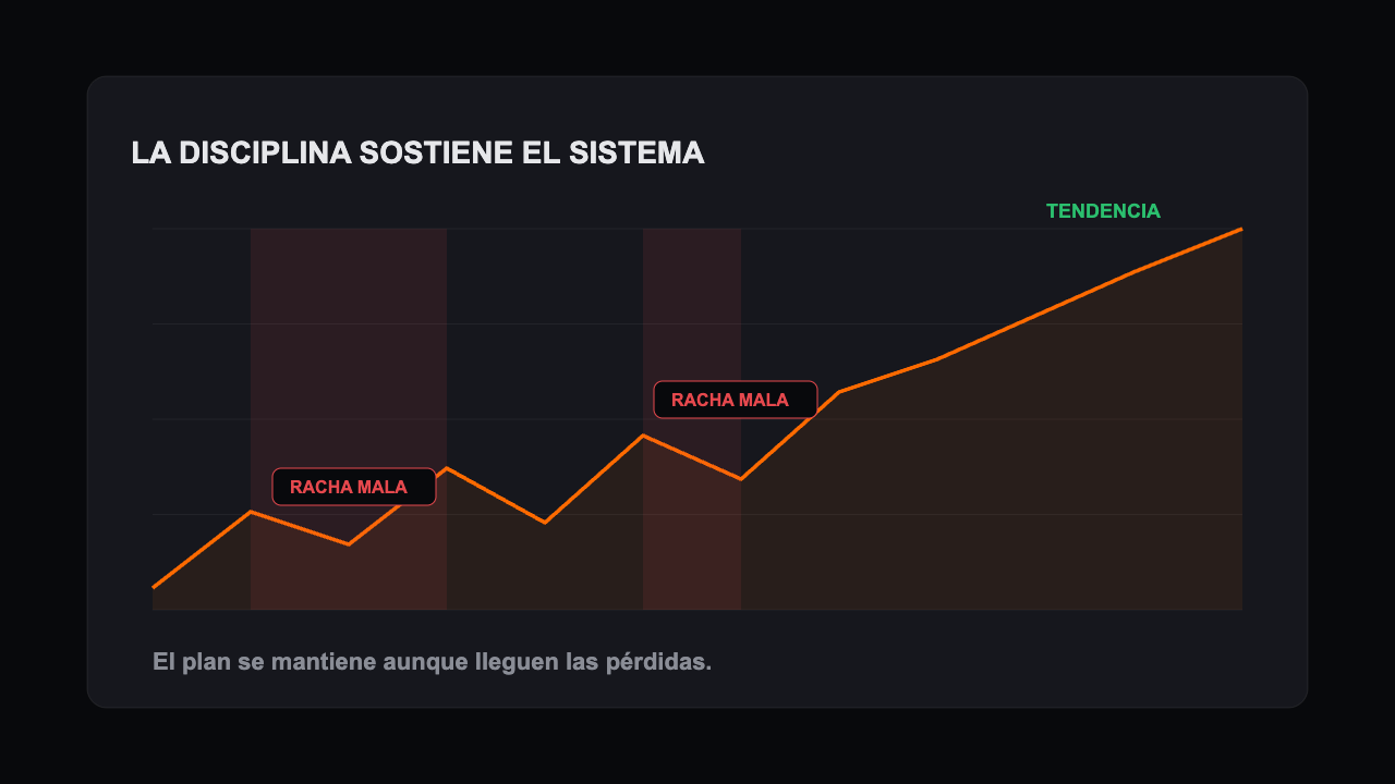 Control emocional y disciplina en trading: trader sereno revisando su plan frente a las pantallas
