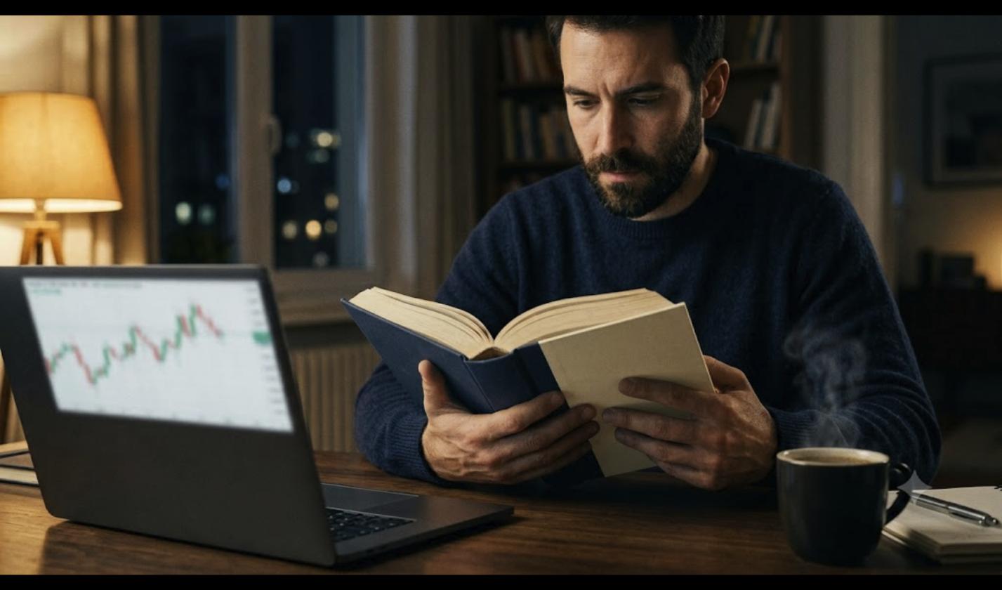 Trader leyendo libros de trading junto a un portátil con gráficos de mercado